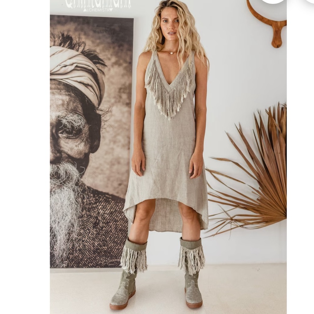 NWOT Fringe Linen Boho Backless Tank High Low Midi Dress by ChintamaniAlchemi
